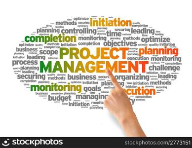 Hand pointing at a Project Management Word illustration on white background.