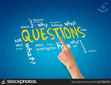 Hand pointing at a questions illustration on blue background.