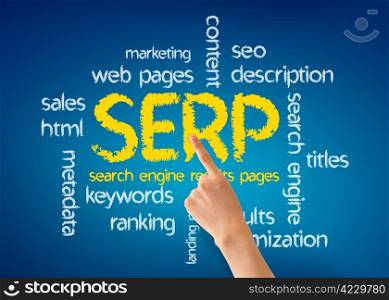 Hand pointing at a Search Engine Result Pages word illustration on blue background.