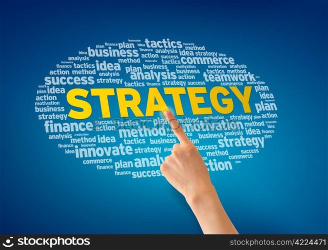 Hand pointing at a Strategy Word Cloud on blue background.