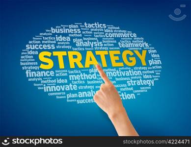 Hand pointing at a Strategy Word Cloud on blue background.