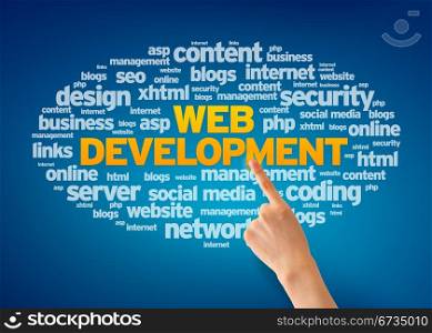 Hand pointing at a Web Development Word Cloud on blue background.