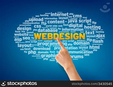 Hand pointing at a webdesign word cloud on blue background.