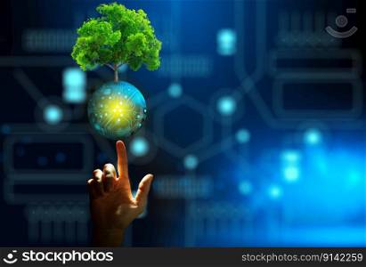 Hand pointing growing tree on digital ball with technological convergence blue background. Innovative technology, Nature technology interaction, Environmental friendly, IT Ethics, and Ecosystem concept.