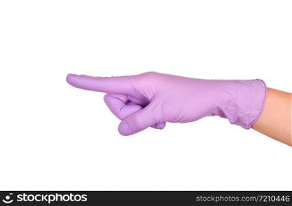 Hand pointing this way to follow. Hand in a purple latex glove isolated on white. Woman&rsquo;s hand gesture or sign isolated on white. Hand touching or pointing to something. Hand pointing this way to follow. Hand in a purple latex glove isolated on white. Woman&rsquo;s hand gesture or sign isolated on white.