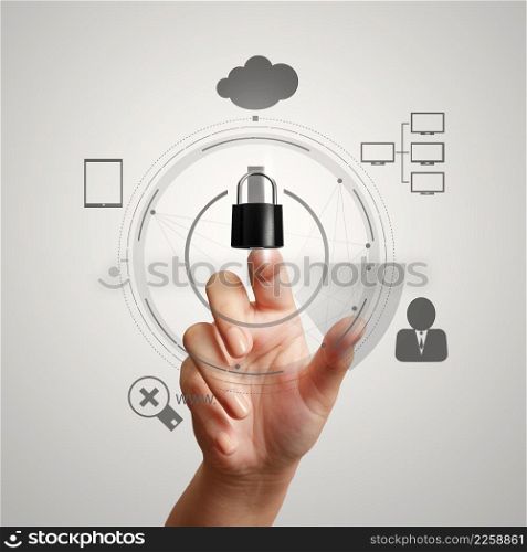 hand pointing to 3d padlock on touch screen computer as Internet security online business concept