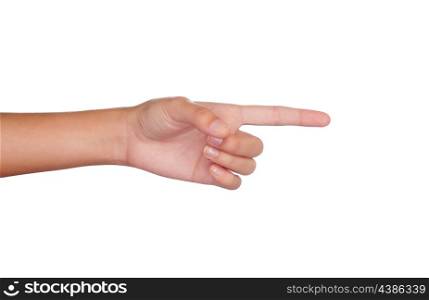 Hand pointing with index fingers at something isolated on white background