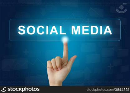hand press on social media button on virtual screen