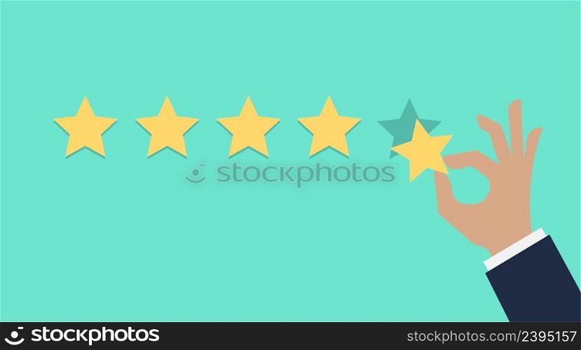 Hand pressing five gold stars on green background. Five stars quality rating icon. Feedbak stars.. Hand pressing five gold stars on green background. Five stars quality rating icon.