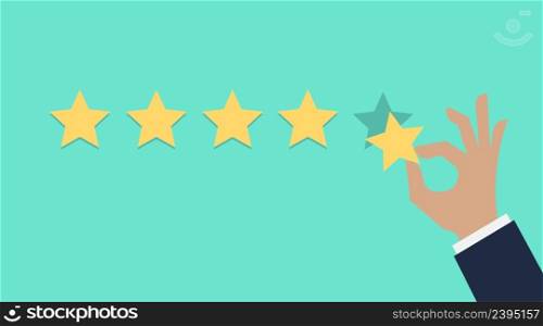 Hand pressing five gold stars on green background. Five stars quality rating icon. Feedbak stars.. Hand pressing five gold stars on green background. Five stars quality rating icon.