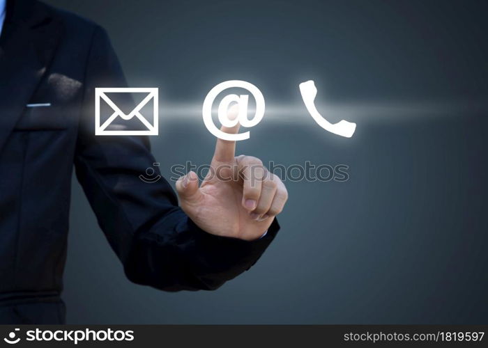 Hand pressing telephone, email button icon over blue background. Customer support concept