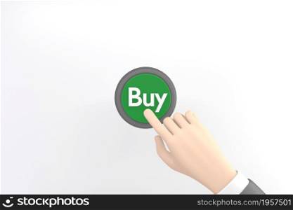 Hand pressing the green buy button on white background.3D rendering