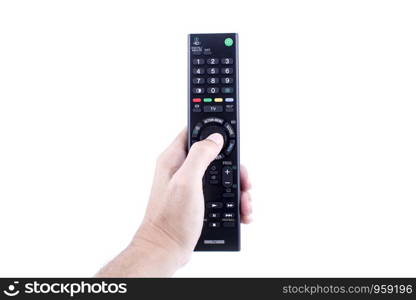 Hand pressing TV remote control isolated on white background