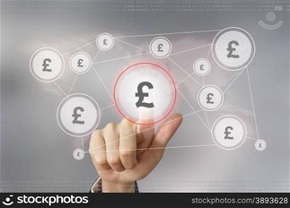 hand pushing british pound currency button with global networking concept