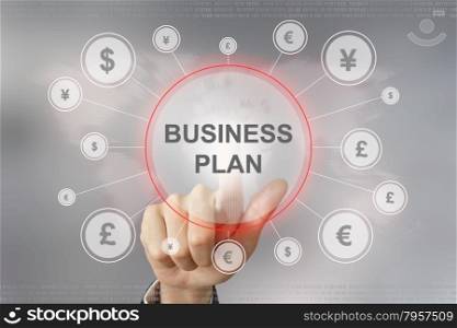 hand pushing business plan button with global networking concept