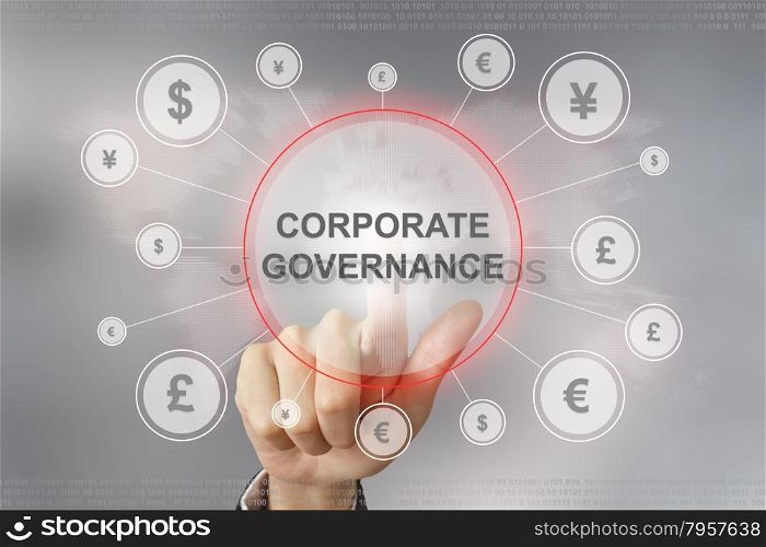 hand pushing corporate governance button with global networking concept