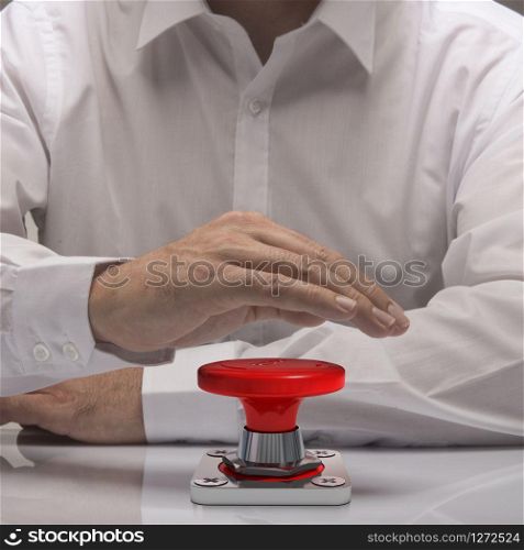 hand pushing emergency button, white shirt and reflexion. symbol of urgency and problem solving. Emergency Stop Button