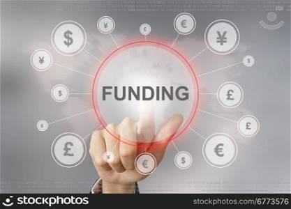 hand pushing funding button with global networking concept