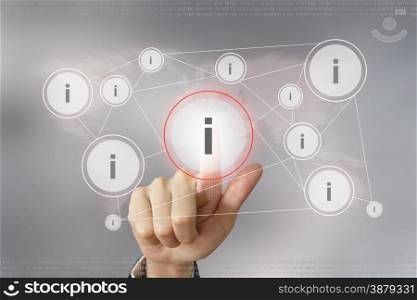 hand pushing information button with global networking concept