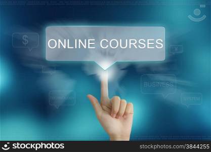 hand pushing on online courses balloon text button