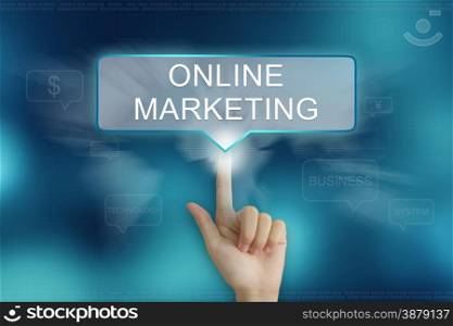 hand pushing on online marketing balloon text button