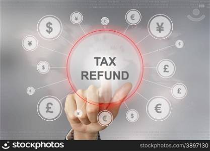 hand pushing tax refund button with global networking concept