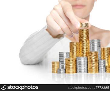 Hand put coin to stack, investment or growth concept with copy-space