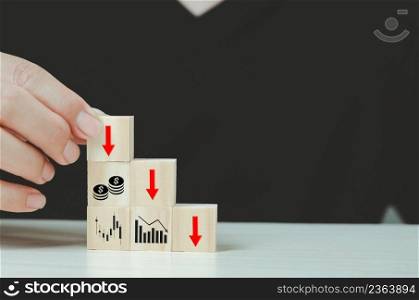 Hand putting and stacking wooden cubes  for icons or symbols Stock market exchange trading graph analysis investment indicator.