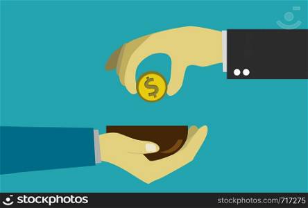 Hand putting money bill to poor man, 3D rendering