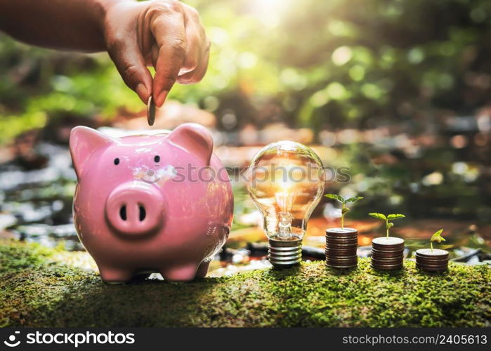 hand putting of coins into piggy bank with lightbulb and money in nature