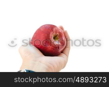 hand red apple isolated on the white.