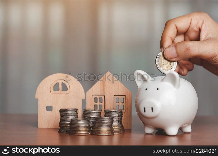 Hand saving a coin into piggy bank with wooden house model and a pile of coins and money on the table for business, finance, saving money and property investment concept.