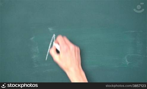 Hand schreibt mit Kreide Abitur auf eine Schultafel
