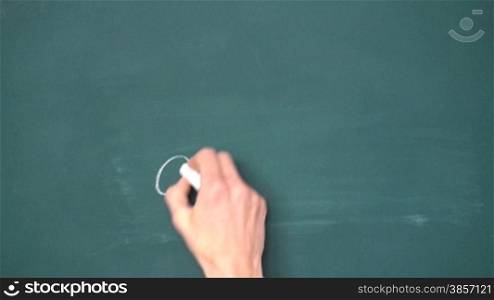 Hand schreibt mit Kreide auf eine Schultafel