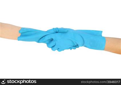 hand shake in a rubber gloves isolated on white background (with clipping path)