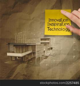 hand show innovation on sticky note with modern architectural on crumpled recycle paper background