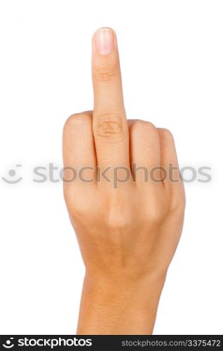 Hand showing a middle finger isolated on white.