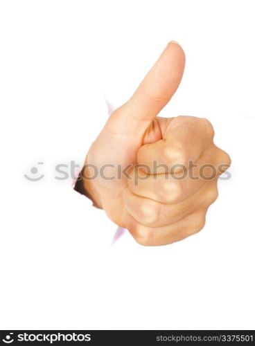 Hand showing thumbs-up out of torn hole in white wall. All on white background
