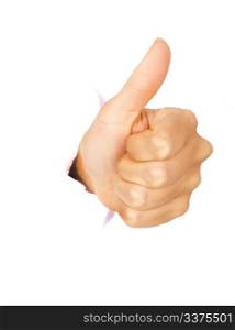 Hand showing thumbs-up out of torn hole in white wall. All on white background