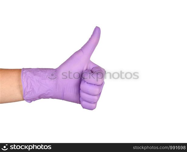 Hand showing thumbs up sign against white background. Hand in a purple latex glove isolated on white. Woman's hand gesture or sign isolated on white.