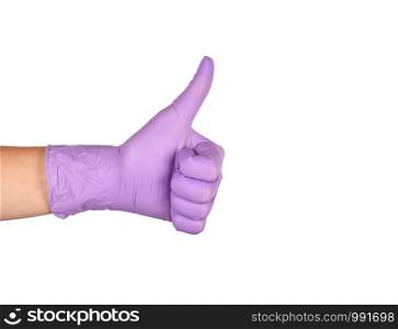 Hand showing thumbs up sign against white background. Hand in a purple latex glove isolated on white. Woman's hand gesture or sign isolated on white.