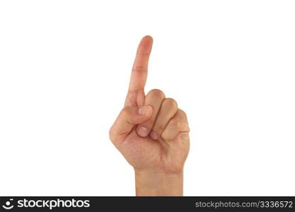 hand shows a forefinger aside on white background