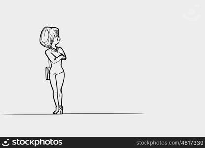 Hand sketch. Caricature of businesswoman on white background looking away