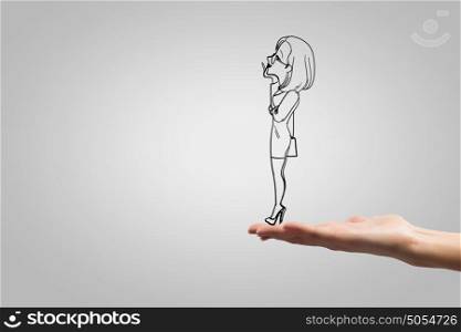 Hand sketch. Caricature of businesswoman on white background looking thoughtfully away