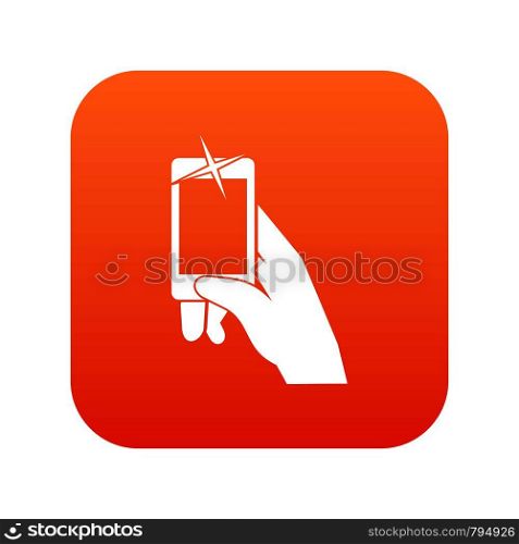 Hand taking pictures on cell phone icon digital red for any design isolated on white vector illustration. Hand taking pictures on cell phone icon digital red