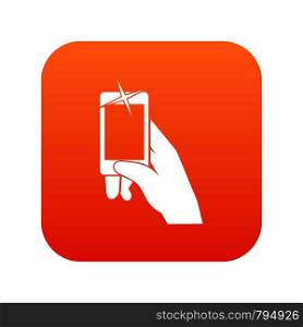Hand taking pictures on cell phone icon digital red for any design isolated on white vector illustration. Hand taking pictures on cell phone icon digital red