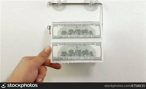 Hand taking sheets of dollar from a toilet roll
