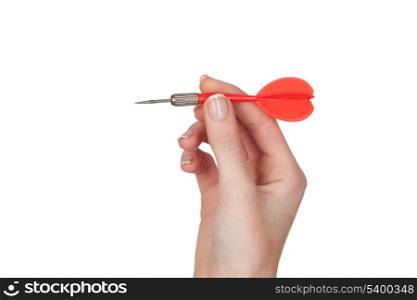 Hand throwing a red dart isolated on a white background