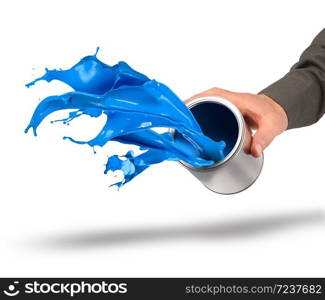 Hand throwing blue paint from tin can isolated on white