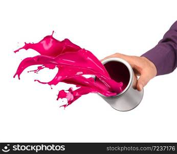 Hand throwing red pink paint from tin can isolated on white